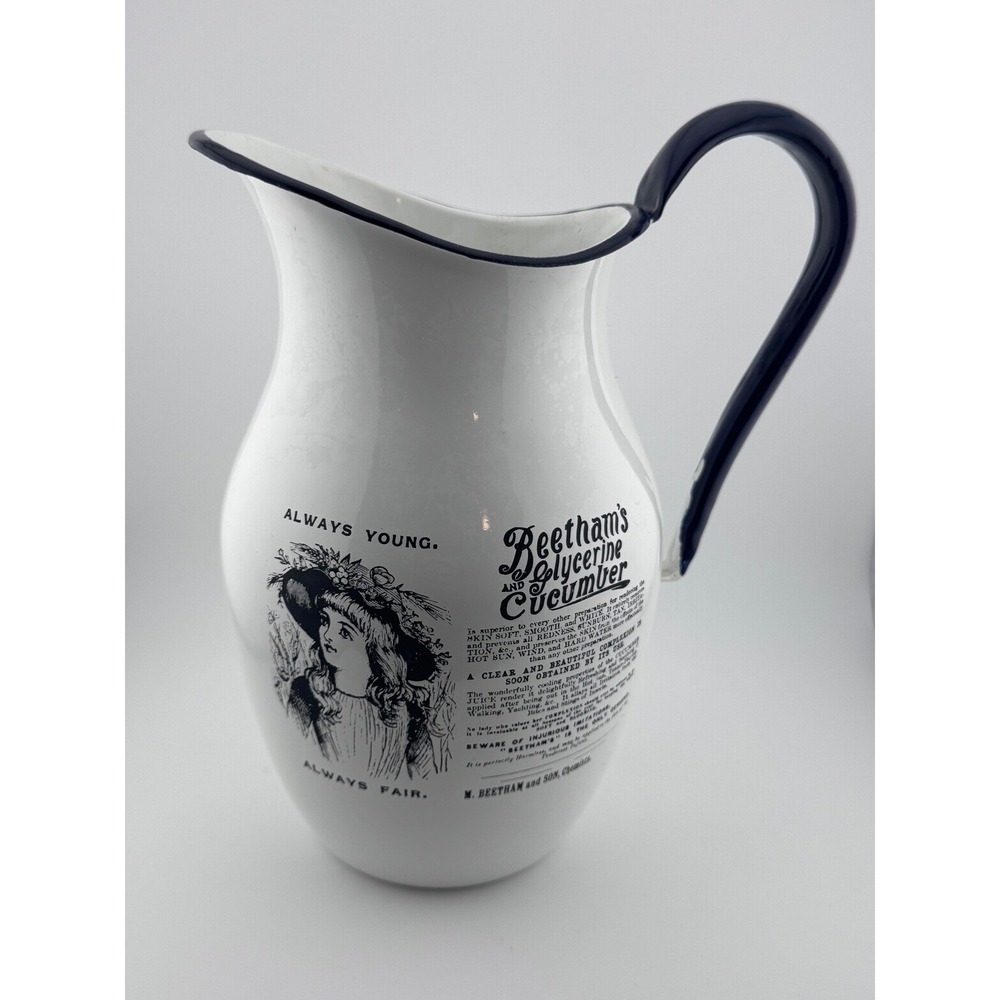 Beetham's‎ Glycerine and Cucumber Pitcher Enamelware Jug England Cottagecore